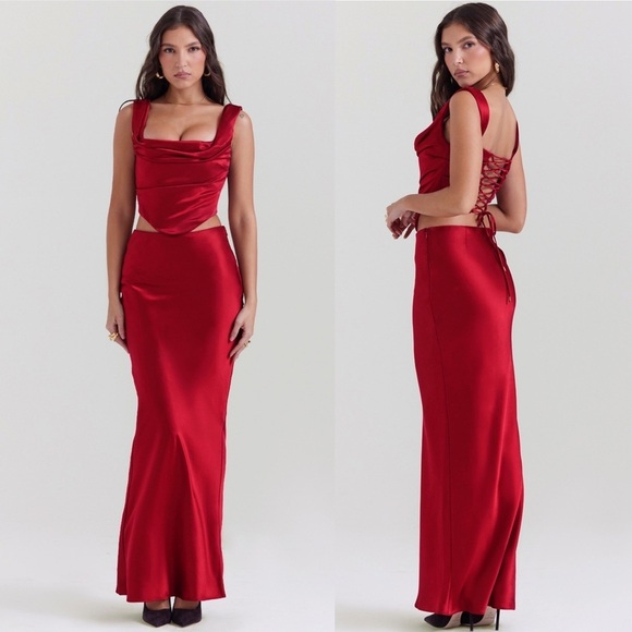 House of CB Set Una & Sydel corset top lace up maxi skit red‎ NWOT Size M - Picture 11 of 15